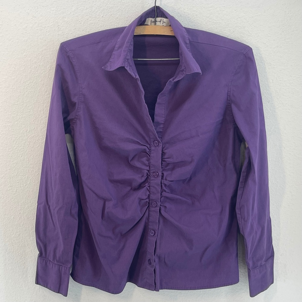 Y2K Purple Ruched Blouse Button Down‎ Going Out Top Soft Girl Fitted Shirt S